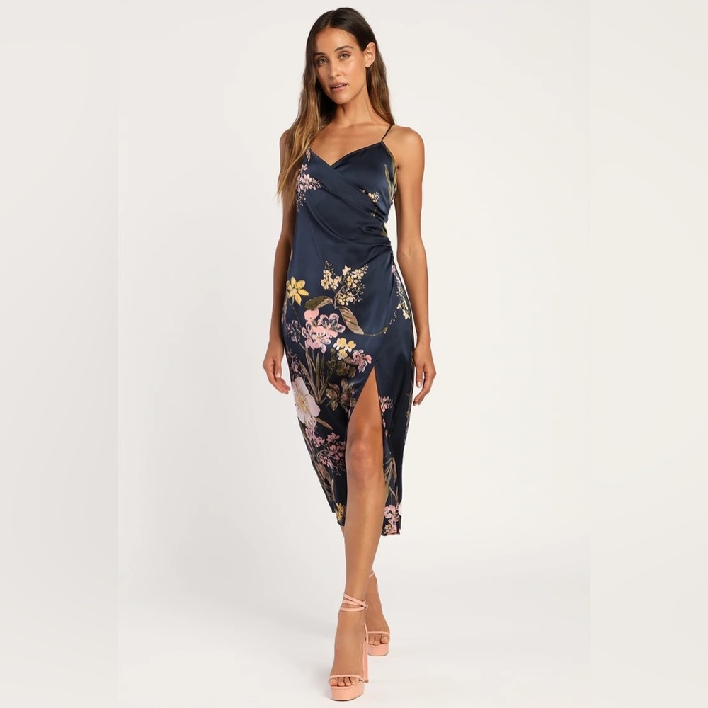 Sleeveless Navy Floral Satin Dress